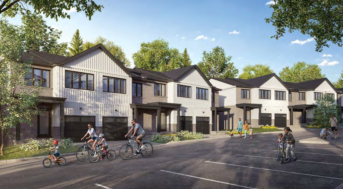 The Brook — 3 to 4 bedroom townhome with a private garage and a 1-bedroom lower-level apartment at Lackner Ridge, Kitchener. The Brook townhome exterior rendering with private garage at Lackner Ridge Townhomes, Kitchener