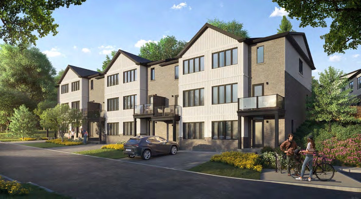 The Dale — stacked townhome with a studio lower-level apartment and a 3-bedroom upper home at Lackner Ridge, Kitchener. The Dale stacked townhome exterior rendering with balconies at Lackner Ridge Townhomes, Kitchener